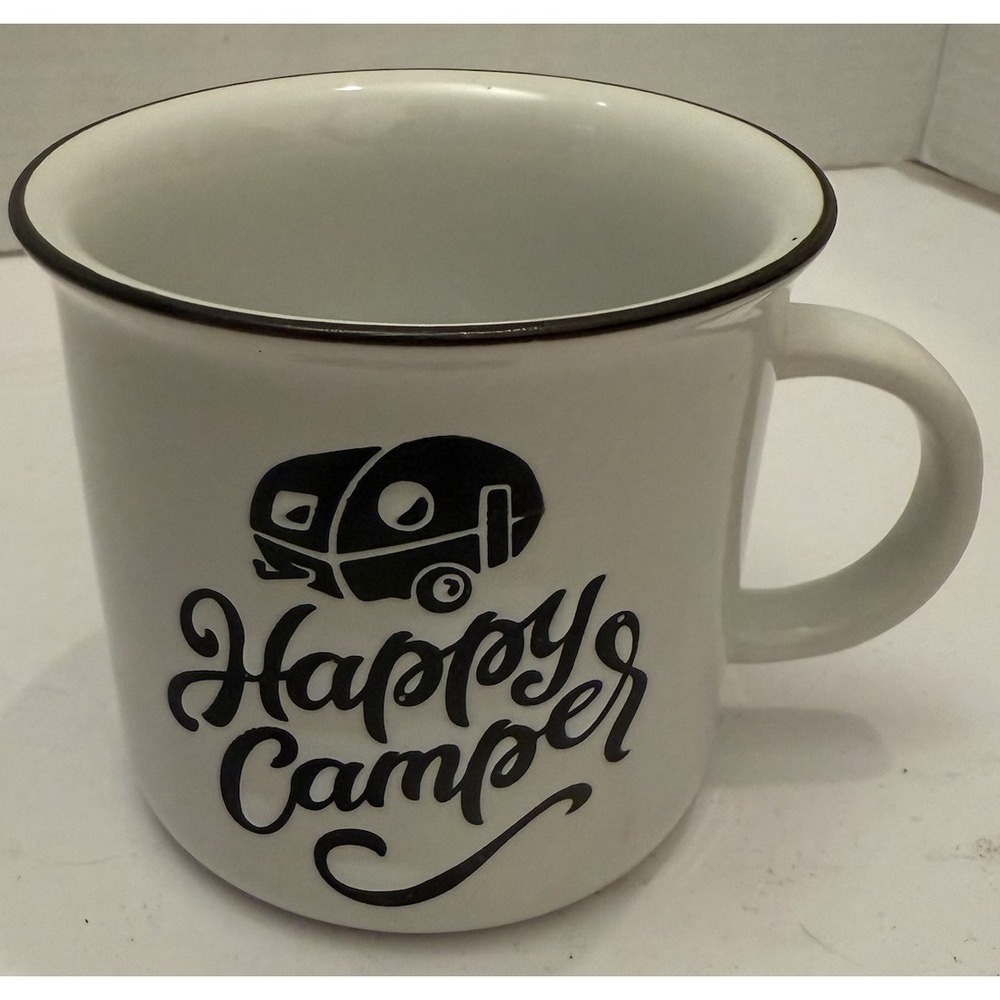 Happy Camper Coffee Mug by Crofton Ceramic Camp Fire Mug‎ 12.5 oz Enamal Look